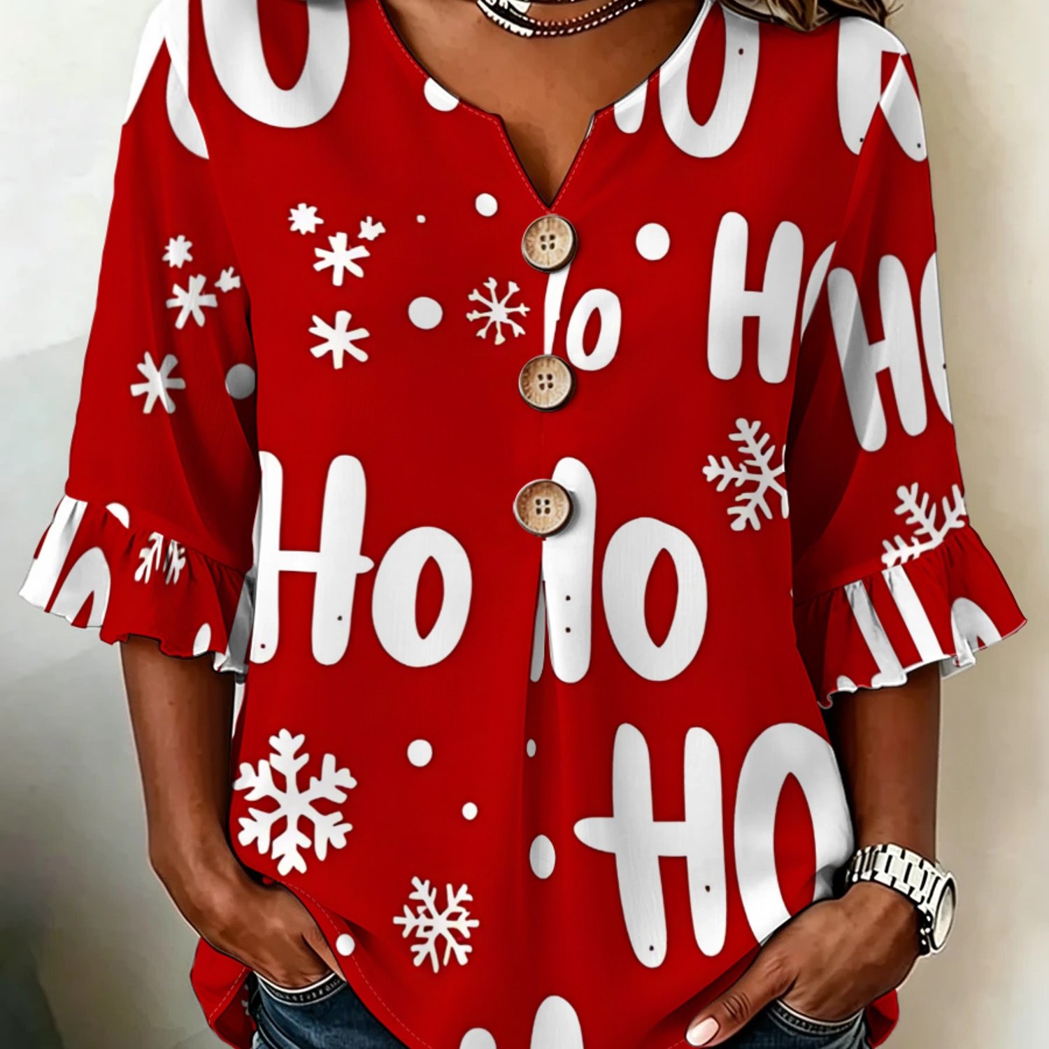 TEMU Plus Size - Western Summer Plus Size Women's Sleeve V-neck Shirt, Christmas "" Snowflake Pattern, Fashionable And Comfortable, Suitable For