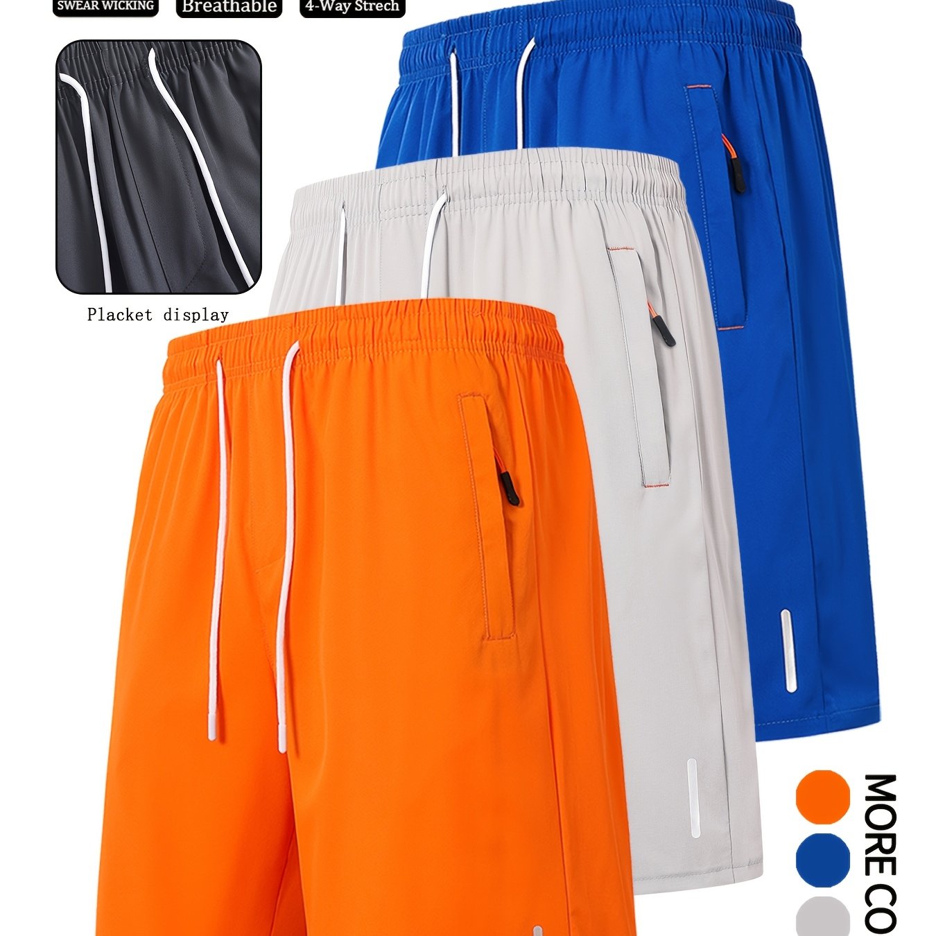 TEMU 3pcs Men's Summer Casual Shorts - Elastic Waist With Drawstring, Zipper Pockets, Vibrant Colors (black, Orange, Teal), Comfortable Woven Fabric,