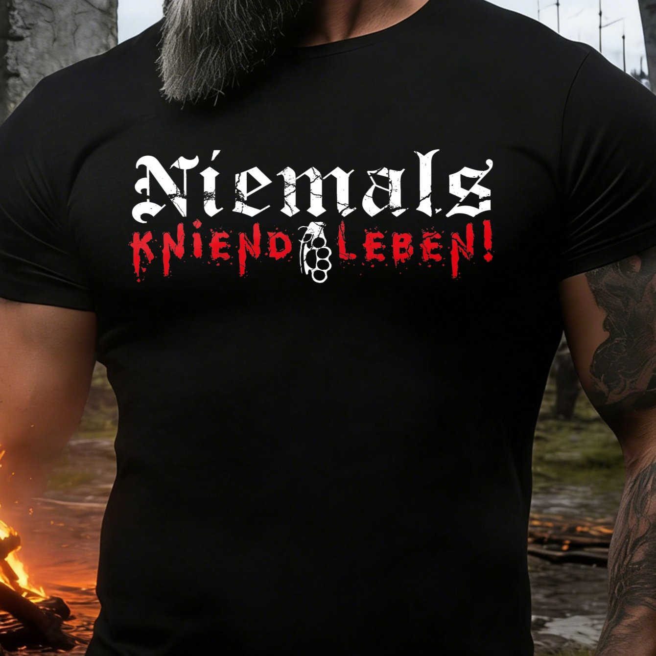 Image of Black T Shirt With Never Live On Knees Text And Graphic For Outdoor Adventure And Streetwear Style