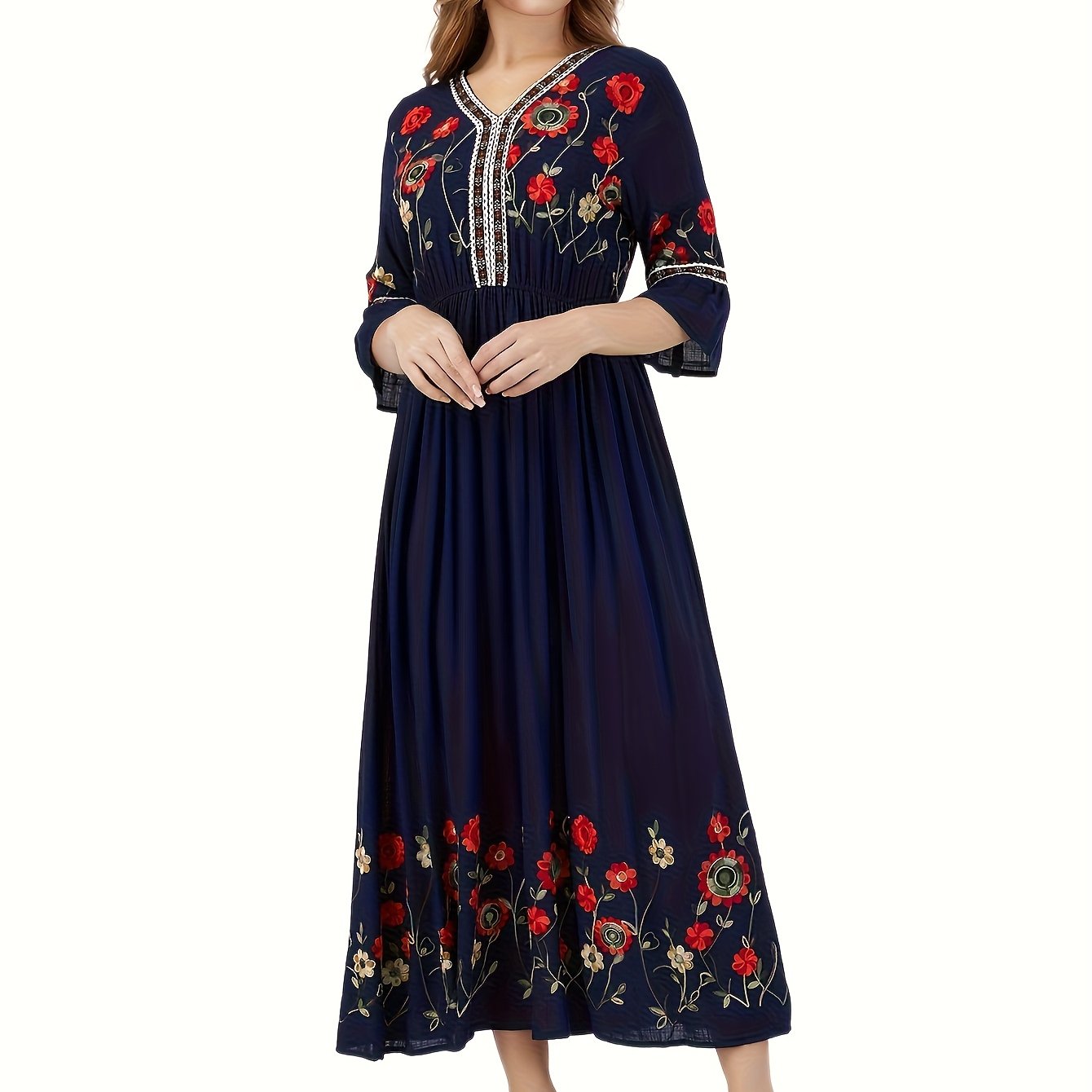 E-shop Elegantes, langes Kleid mit Richtungsstickerei, V-Ausschnitt und Rüschenärmeln, Blumenmuster
