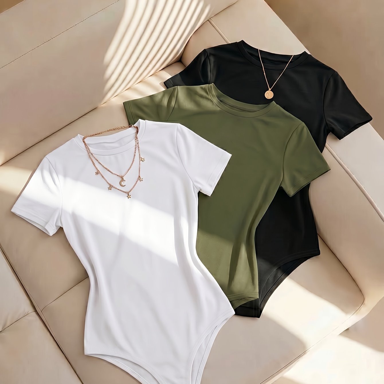 TEMU Conjunto de 3 piezas para mujer de otoño/invierno, body de moda de estilo europeo/americano, color liso, cuello , manga corta, YTD