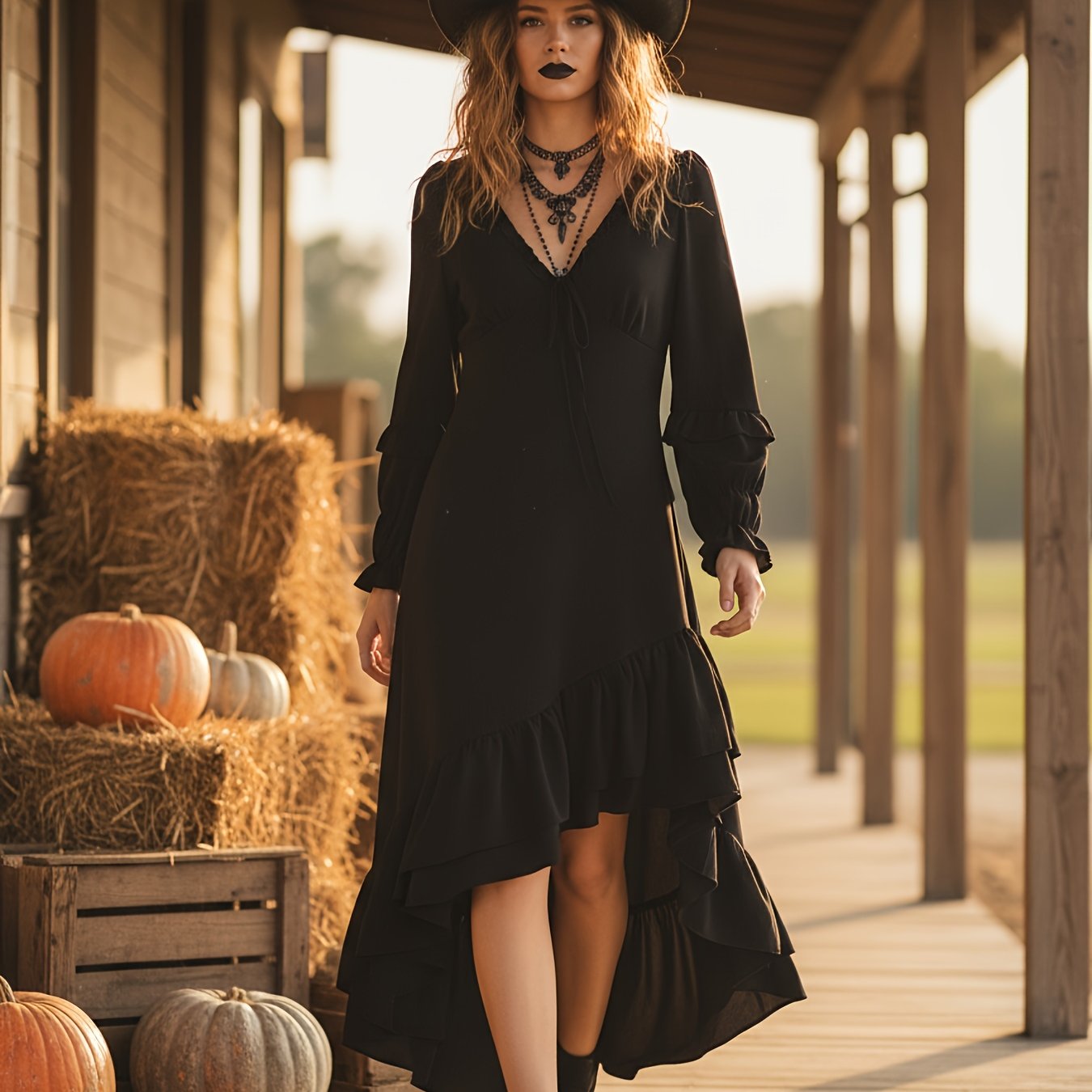 E-shop Damen Gothic Hexenkleid für Halloween – Asymmetrischer Saum mit voluminösem, vampirischen Look, geeignet für Kostümpartys, maschinenwaschbare