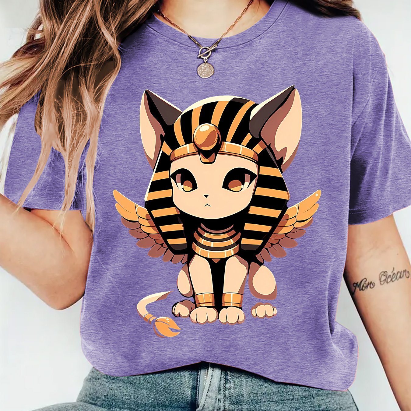 TEMU Women's Cat Print T-shirt - Vintage Mysterious Egyptian & Feline, Soft Round Neck Short Sleeve Blouse-compatible For All- Casual Wear Suitable
