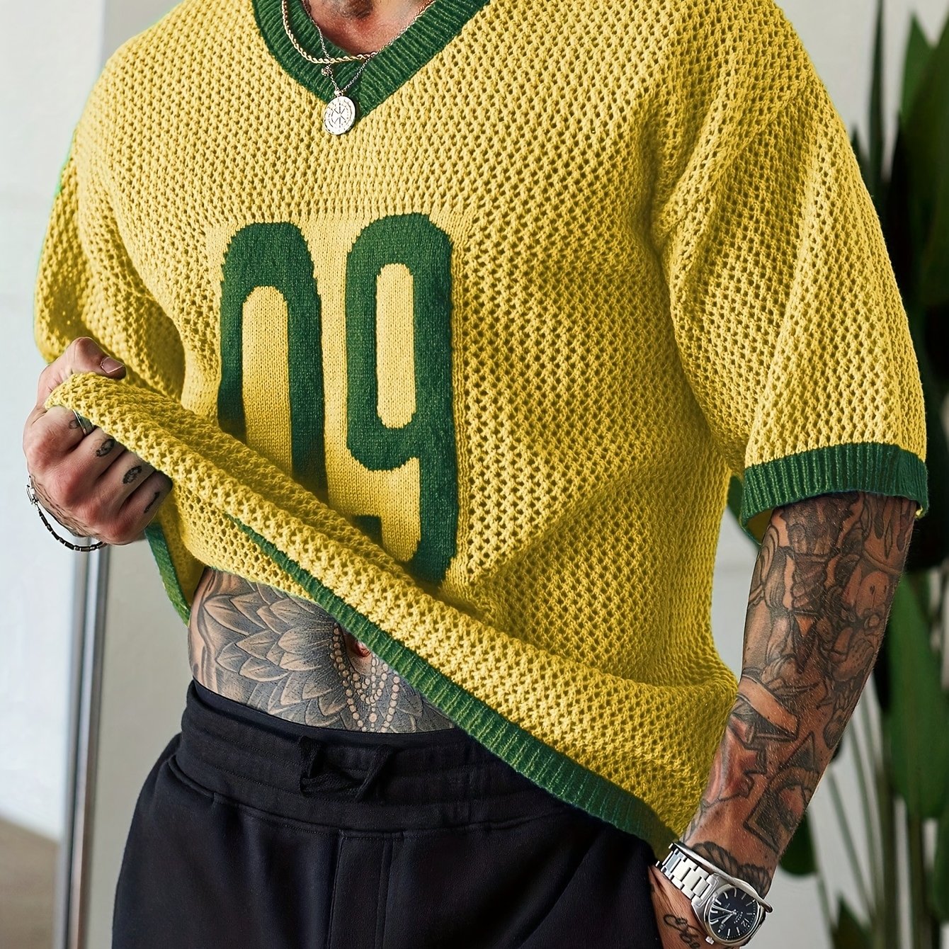 TEMU Jnblda Men' Style Contrast Color V-neck Print Raglan Knitted Pullover Men Jersey Knit Top Men Men Vacation Men Knit Tops Men Jersey