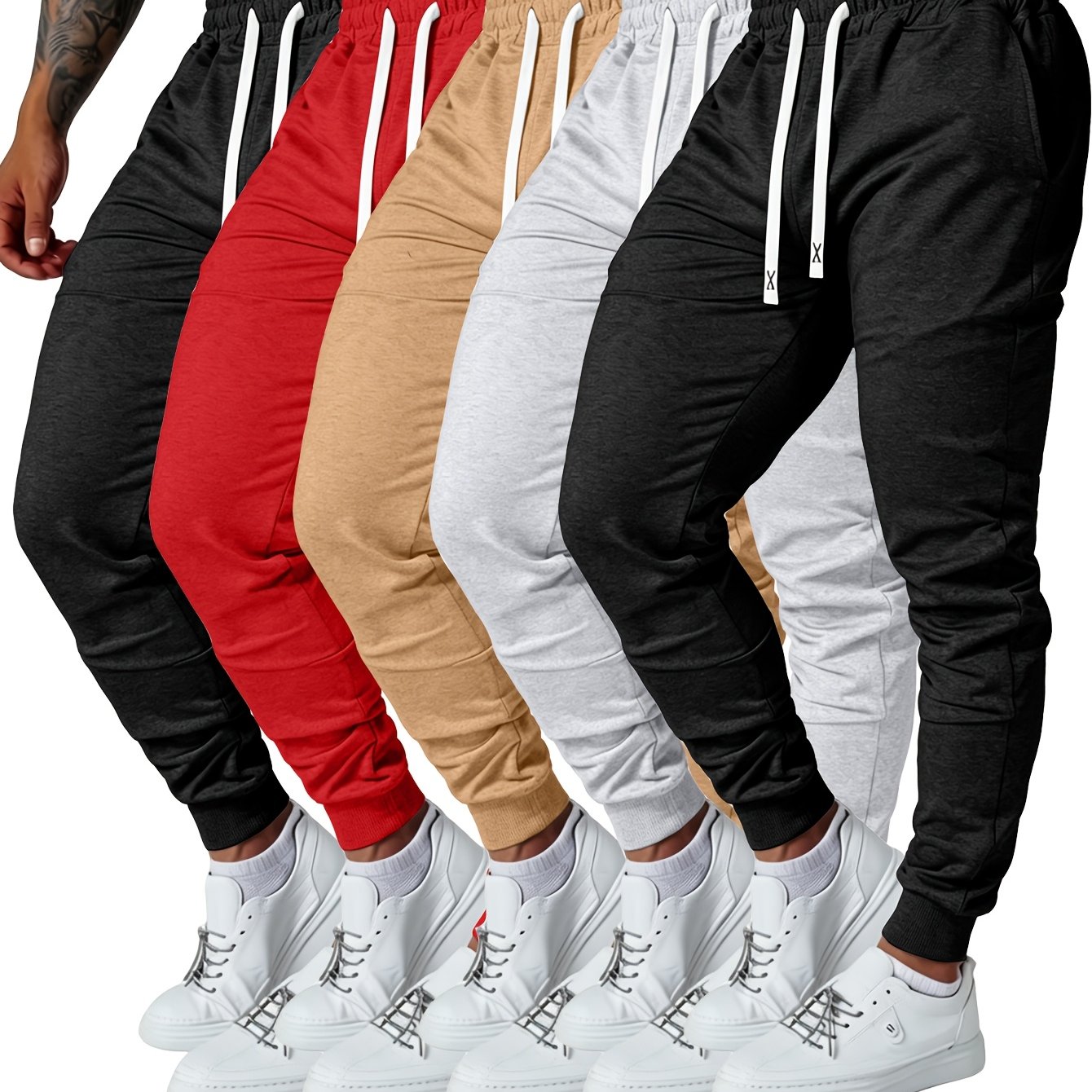 TEMU 5pcs Men's Jogging Pants Casual Loose-fit Drawstring Elastic Waist Sports Outdoor Running Streetwear Sweatpants, Suitable For And Streetwear In