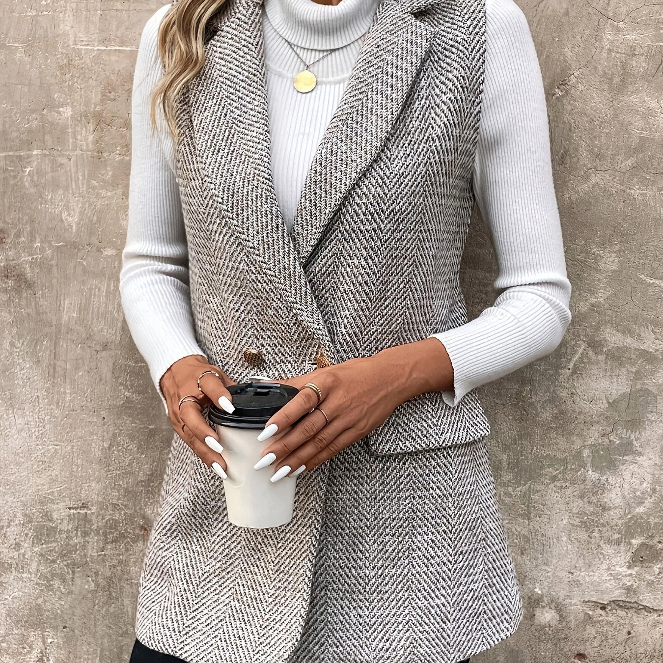 Image of Autumn-winter European Style Women' Color Double-breasted Lapel Sleeveless Vest Coat