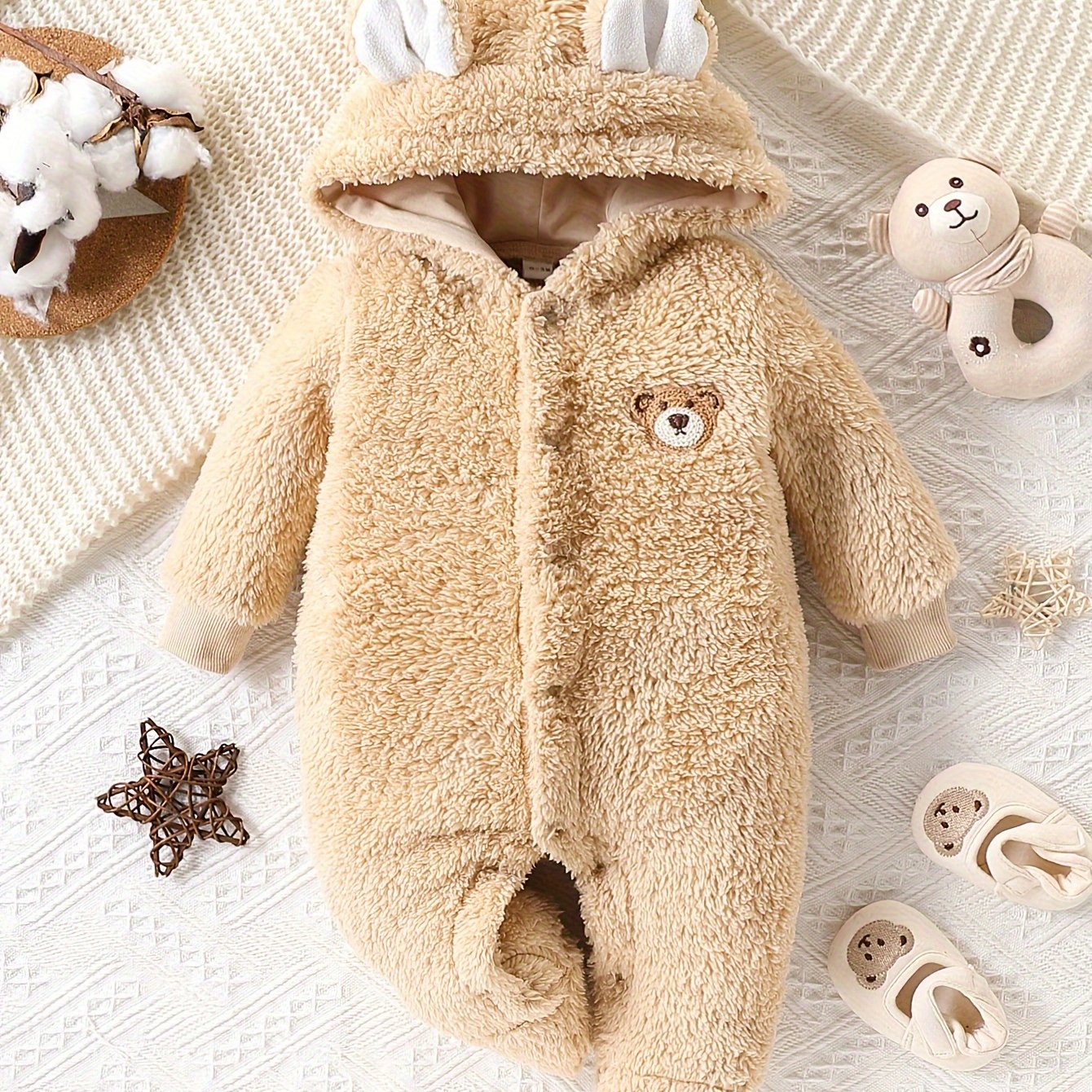 Children's Winter Long-sleeved Bear Pattern, Hooded And Toe-wrapped Romper, Perfect For Outdoor
