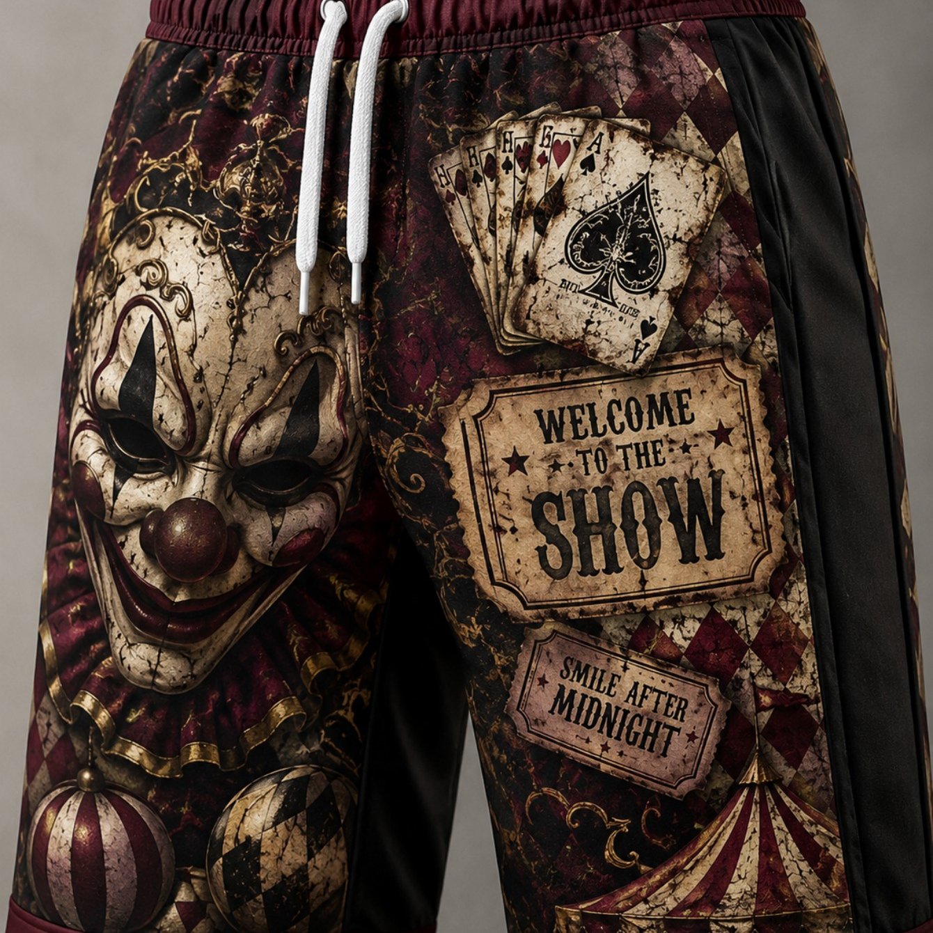 TEMU [printed Design - Not Textured] Men's Cool Retro Clown Graphic Shorts Casual Lounge Wear Dark Poker Carnival Print