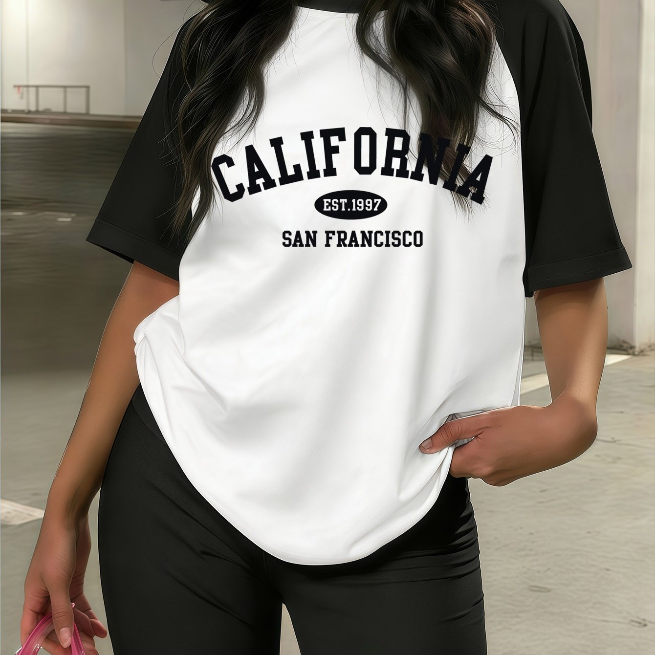 TEMU California Letter Print Raglan Sleeve T-shirt For Women, Plus Size Slim Fit Street Block Short Sleeve