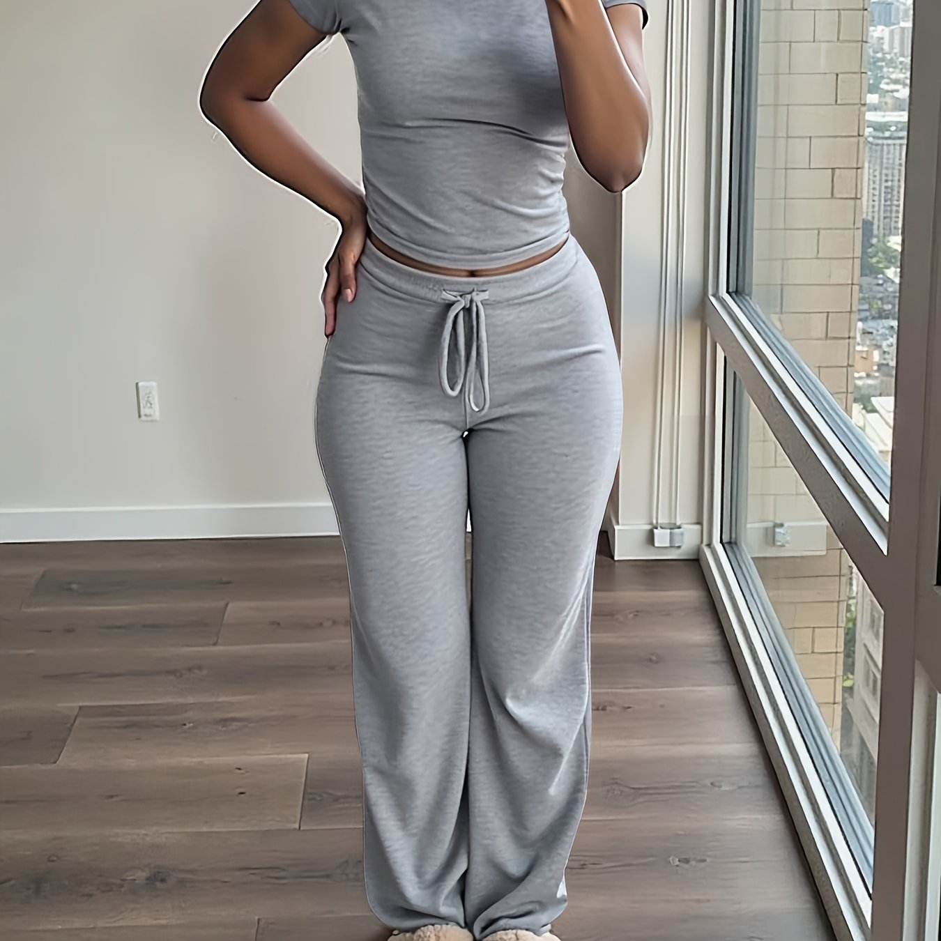 TEMU Women's 2pcs Short Sleeve Top And Wide-leg Pants Set, Fake Drawstring Waistband, Casual Outfit, Wear, Daily Attire, , Short Sleeve Top, Women's