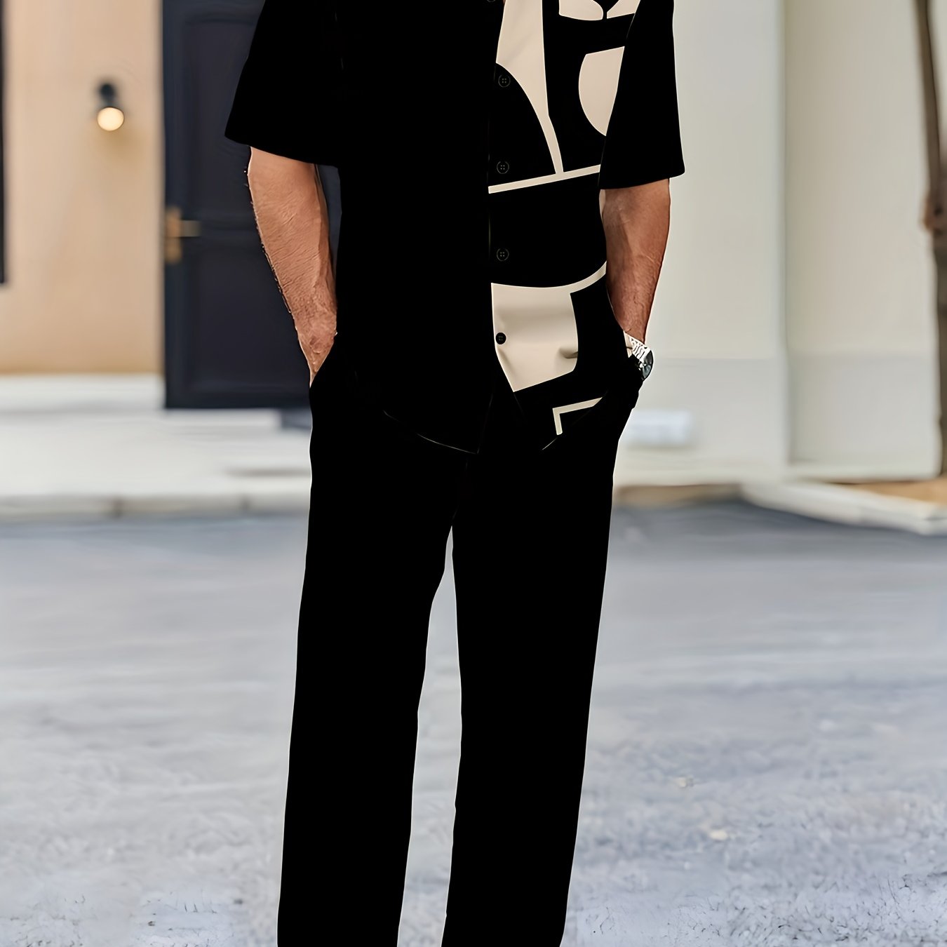 Image of Men's Short Sleeve Shirt And Pants Casual Outfit For Outdoor Sports, Leisure Vacation, Set