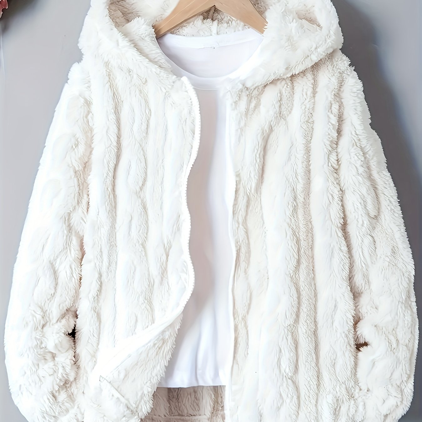 Image of Plus Size - Women's Fall Winter Warm Hooded Fleece Jacket, Thickened Fleece Lined Loose Fit Outerwear, Coral Fleece Hoodie Top, Plush Fuzzy Thermal Coat For Everyday Wear Loungewear