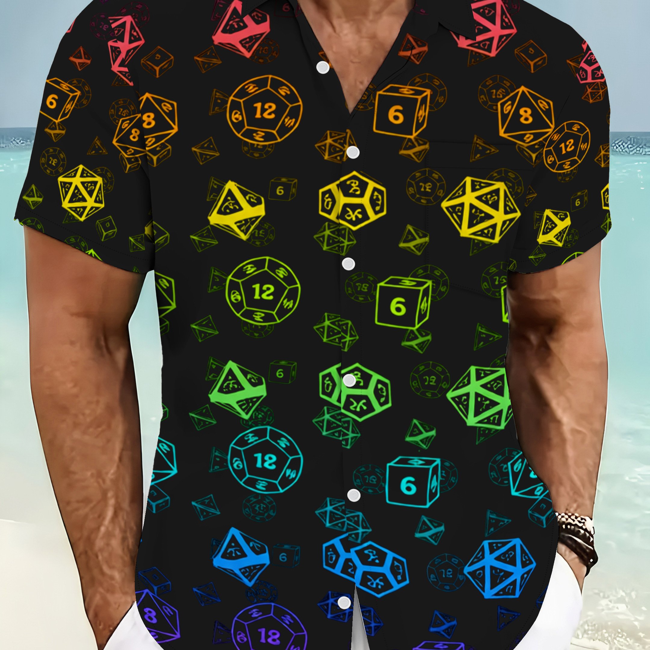 TEMU Geometric Print Short-sleeve Shirt With Colorful Dice Pattern, Suitable For Gaming And Casual Wear, , Big & Tall Men's Casual Short-sleeve Top