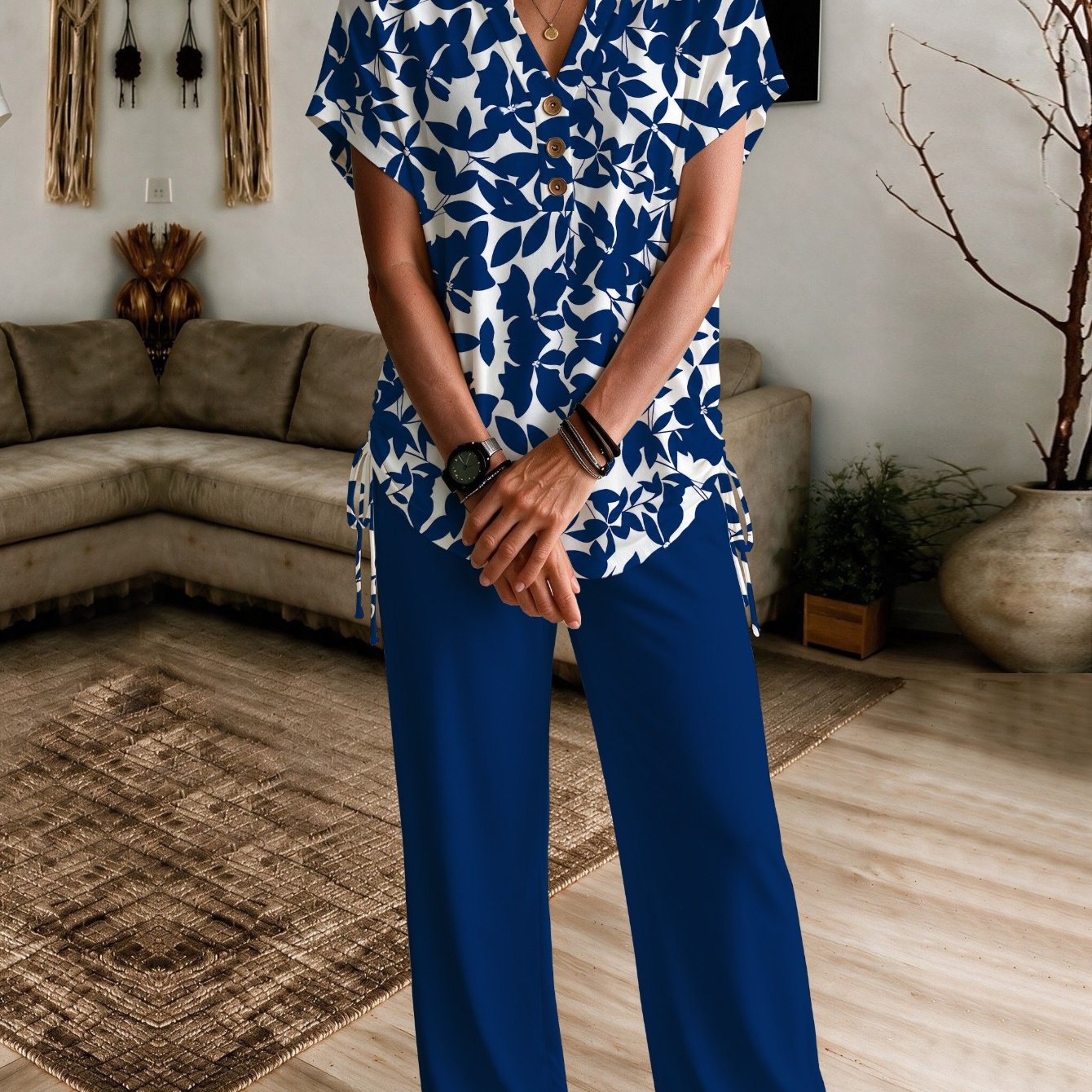 Image of Plus Size Women'-piece Set - Casual Fake Side Drawstring, Notched V-neck With Functional Buttons, Stylish & Elegant Leaf Print, , Suitable For Outdoor Gatherings And Wear
