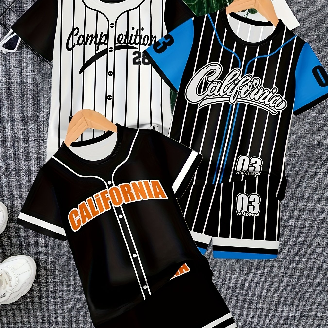 Image of 6pcs Set Of Boys Printing Casual Shorts Shorts T-shirt Spring And Summer Pullover Shorts Shorts, Boys Outdoor Sports Top With Shorts Suit, For Outdoor