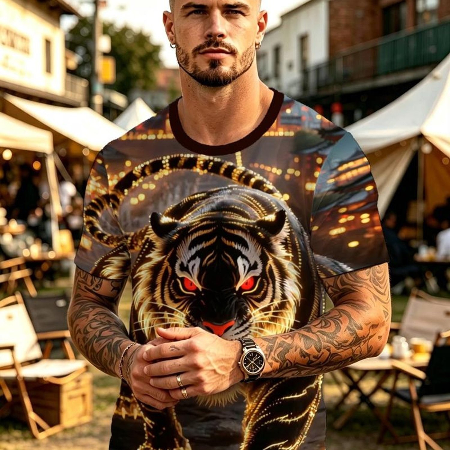TEMU Men's Short-sleeve T-shirt With Domineering Pattern, Scene Crew Neck, Summer Trendy Half-sleeve Tee