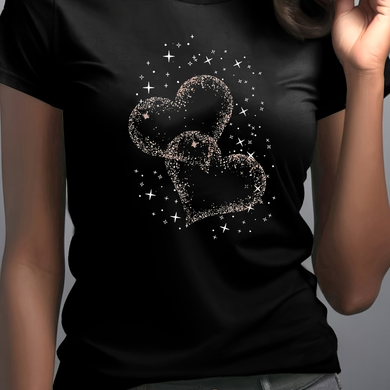 TEMU Women's Sparkly Heart Short Sleeve Round Neck T-shirt - Blouse Suitable For Casual Attire, Parties & Layering Pieces - Machine Washable