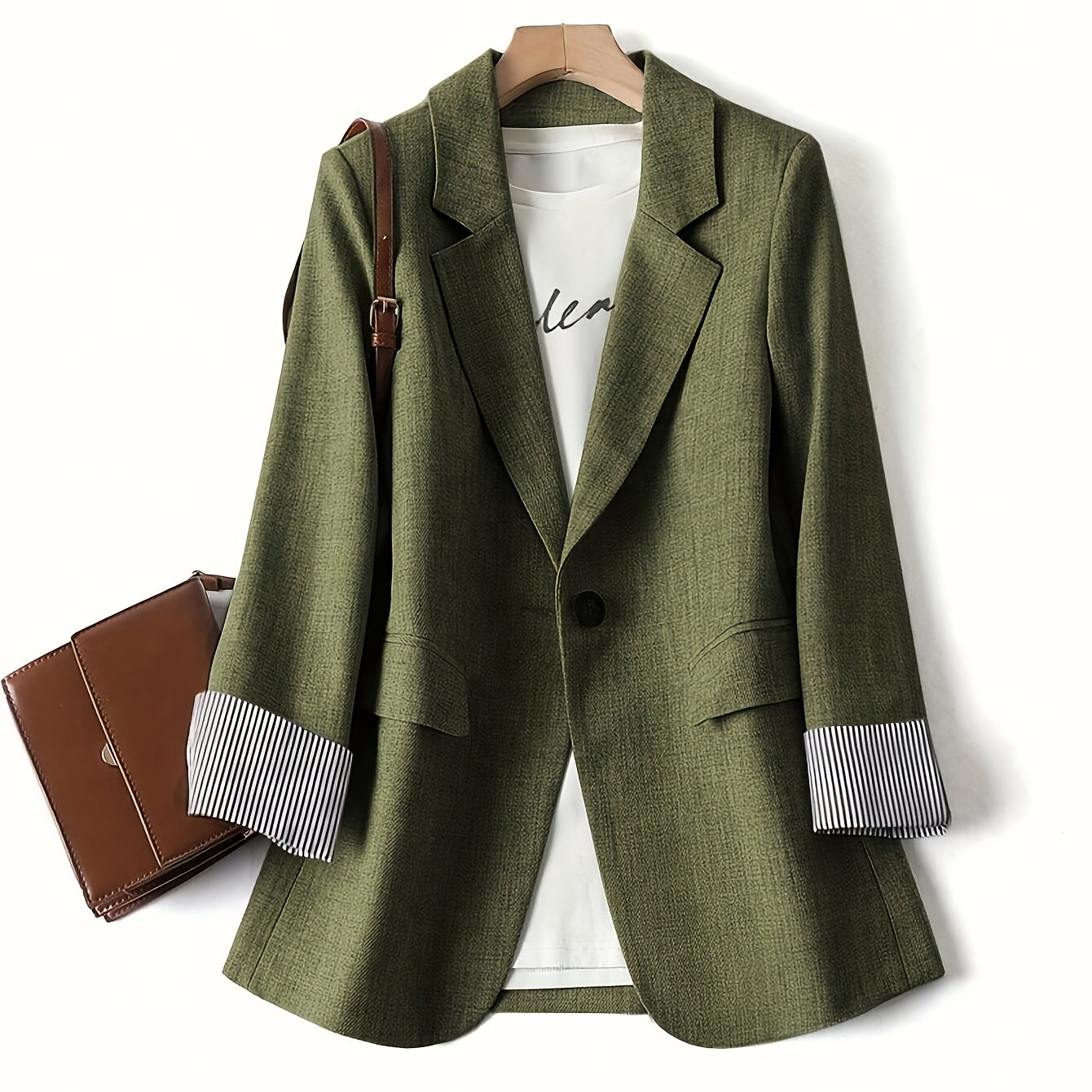 Military Green Striped Long Sleeve Lapel Women's Blazer