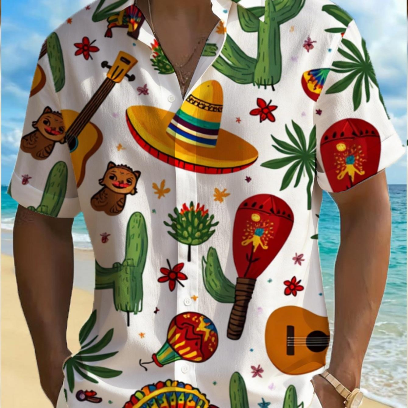 TEMU Men's Mexican-themed Short-sleeve Button-up Shirt - Wide-brim Hat, Guitar, And Cactus Print, Lightweight Lapel With Button-front, Suitable For