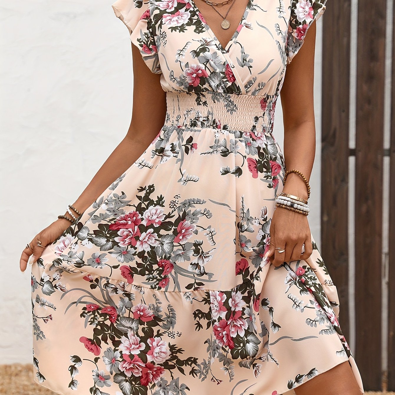 TEMU Vacation Dress With A Beige Floral Print, Featuring A Crossover Neckline, Shoulder Details, And A Cinched Waist With A Tie