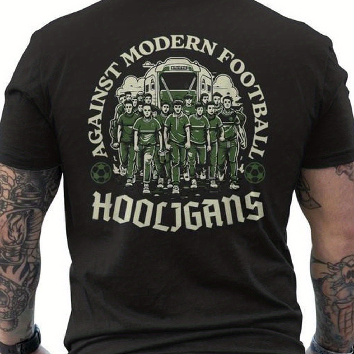 Image of Men's T-shirt Featuring A Back Print That Opposes Modern Football Hooliganism, Made From With A Round Neck, Designed For And , And Has Short Sleeves