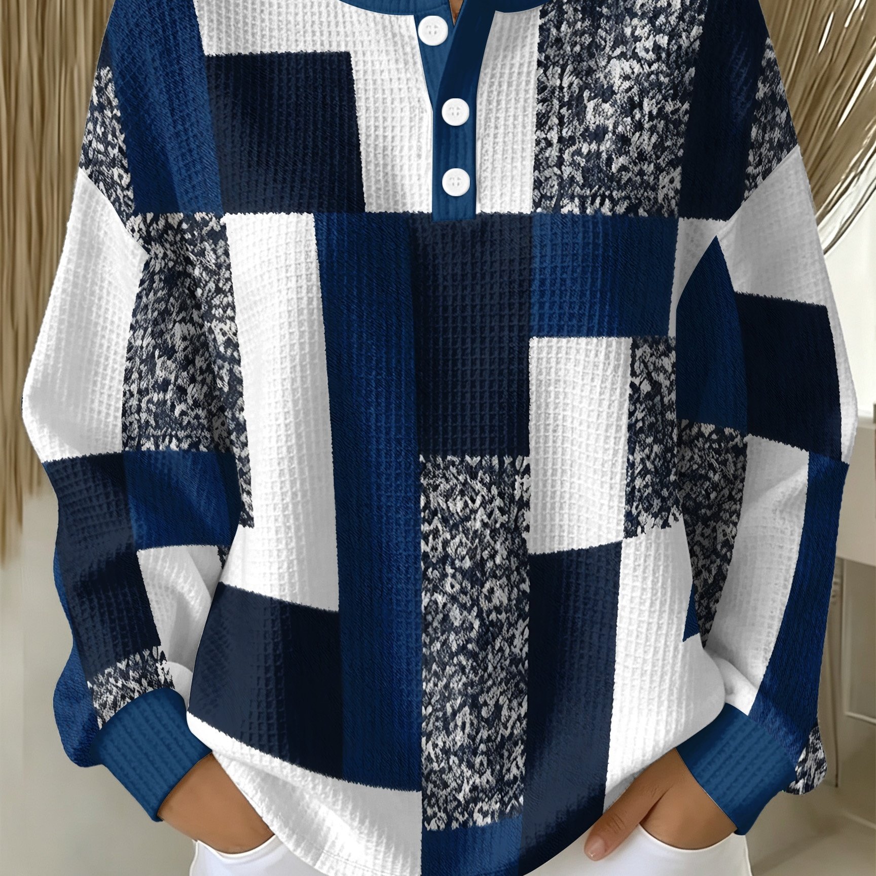 TEMU [Design Imprimé - Pas de Texture] Haut Waffle à Manches Longues pour Femmes, Motif Rétro Bleu à Carreaux et de Couleurs, T-Shirt Décontracté