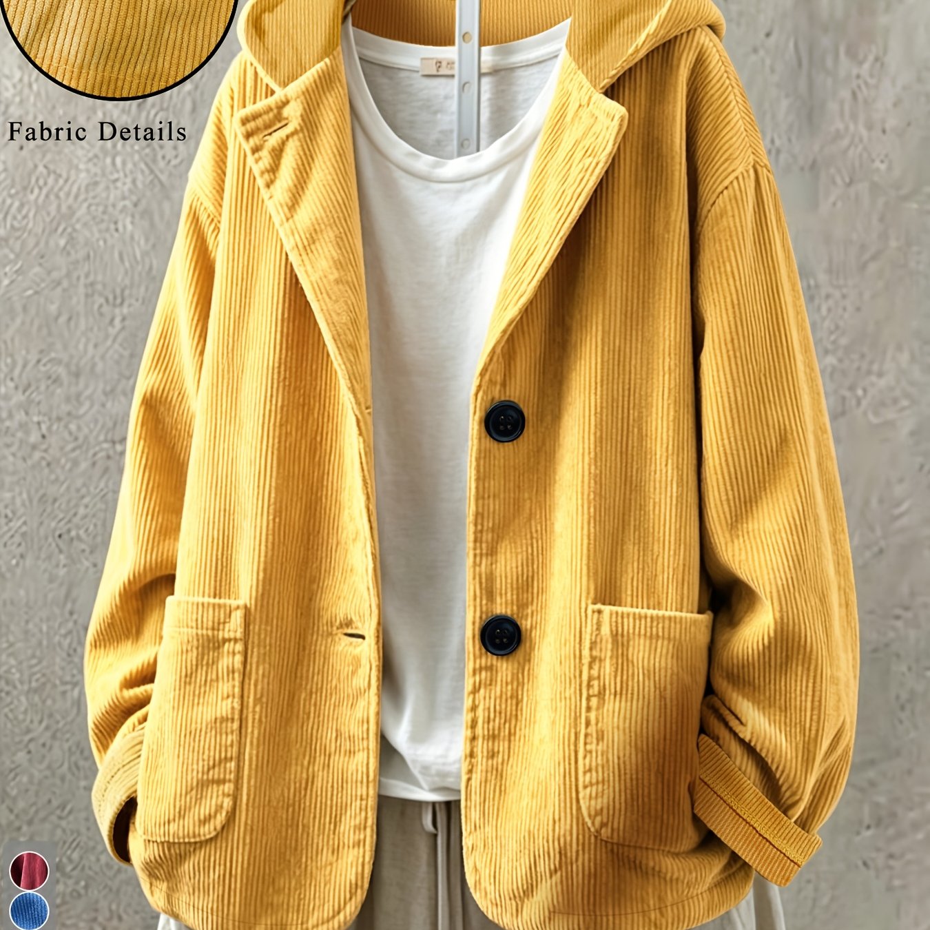 TEMU Women Vintage Hooded Corduroy Outerwear, Loose Fit Long Sleeve Button Jacket With Pockets, Solid Color Casual Oversized Shacket, Lightweight