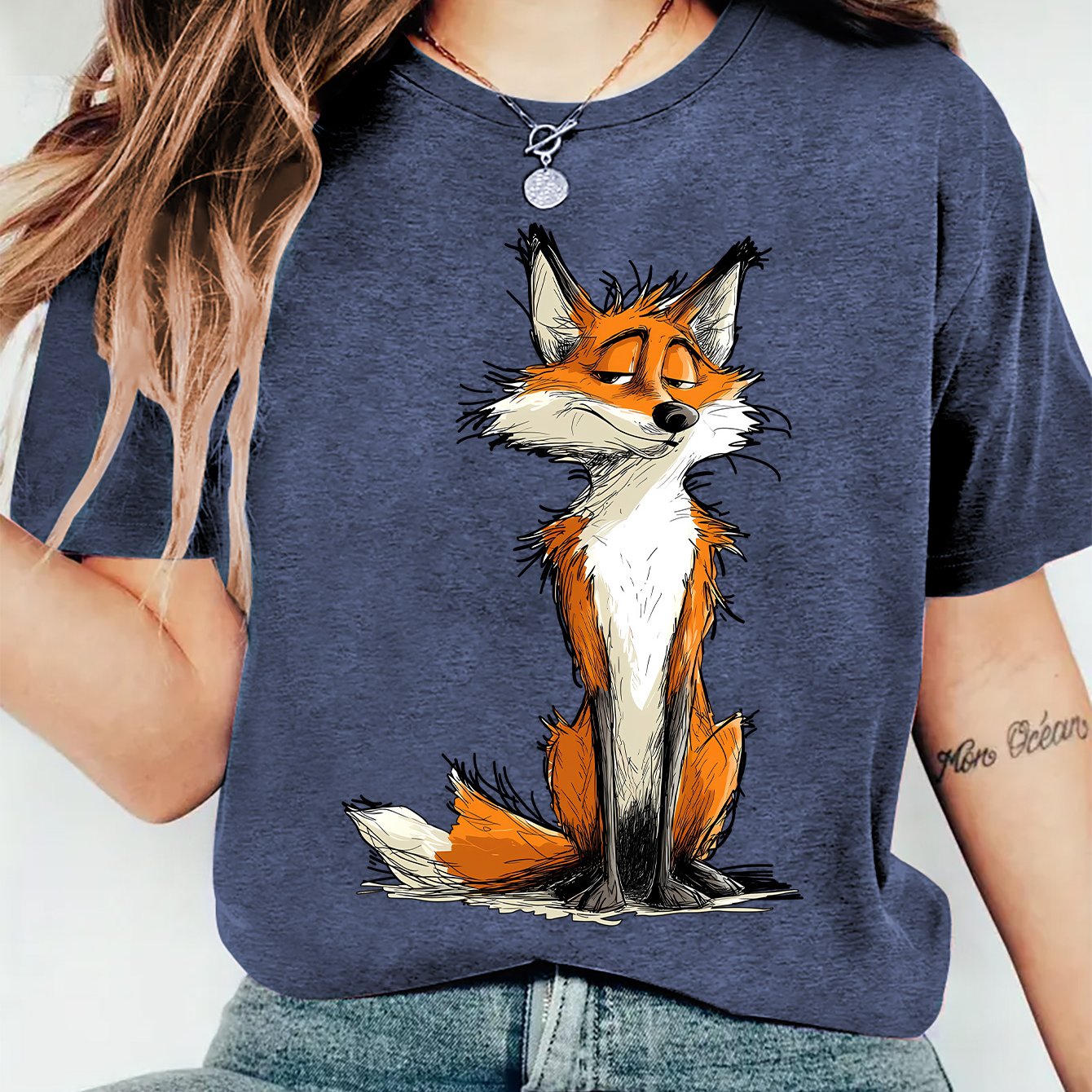 TEMU [new Women's Clothing] Women's Summer Outfit Hand-painted Fox Print Round Neck Short Sleeve T-shirt Lightweight Comfortable Soft Fashion Retro
