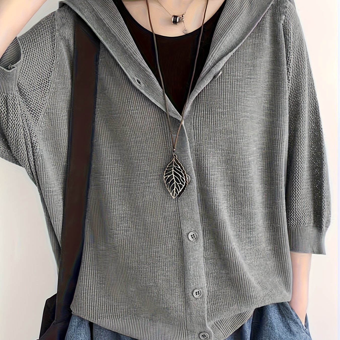 E-shop Feine Strickjacke Damen Neue Einfarbige Lockerer Kapuzenmantel Dünnes Hohles Dreiviertelärmel Oberteil