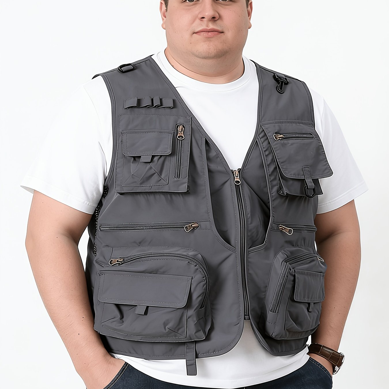 TEMU Plus-size Men's Multi-functional Active Vest, Oversized Spring, Autumn, Summer Outdoor Multi-pocket Fishing Vest, Functional Tactical Vest For