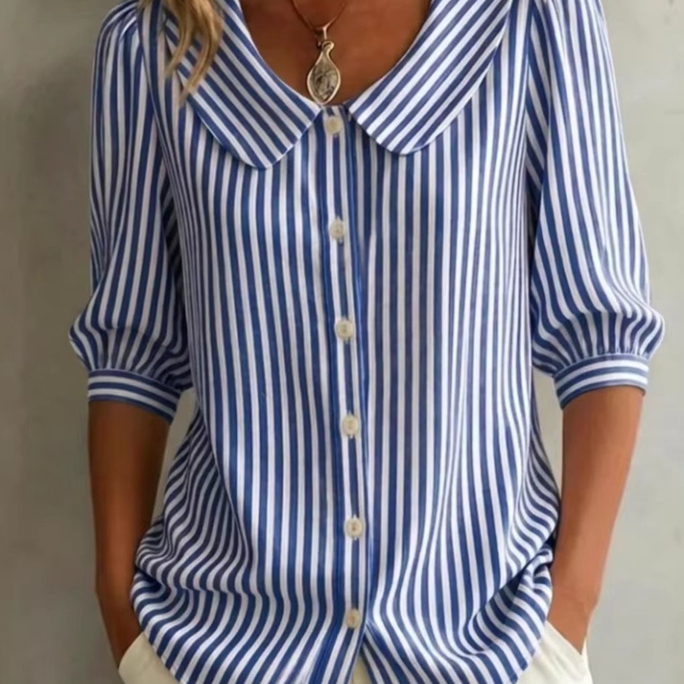 Image of 2026 New Women V-neck 3/4 Sleeve Shirt, Loose Casual Blouse, Niche Style For Summer (refer To Size Chart)