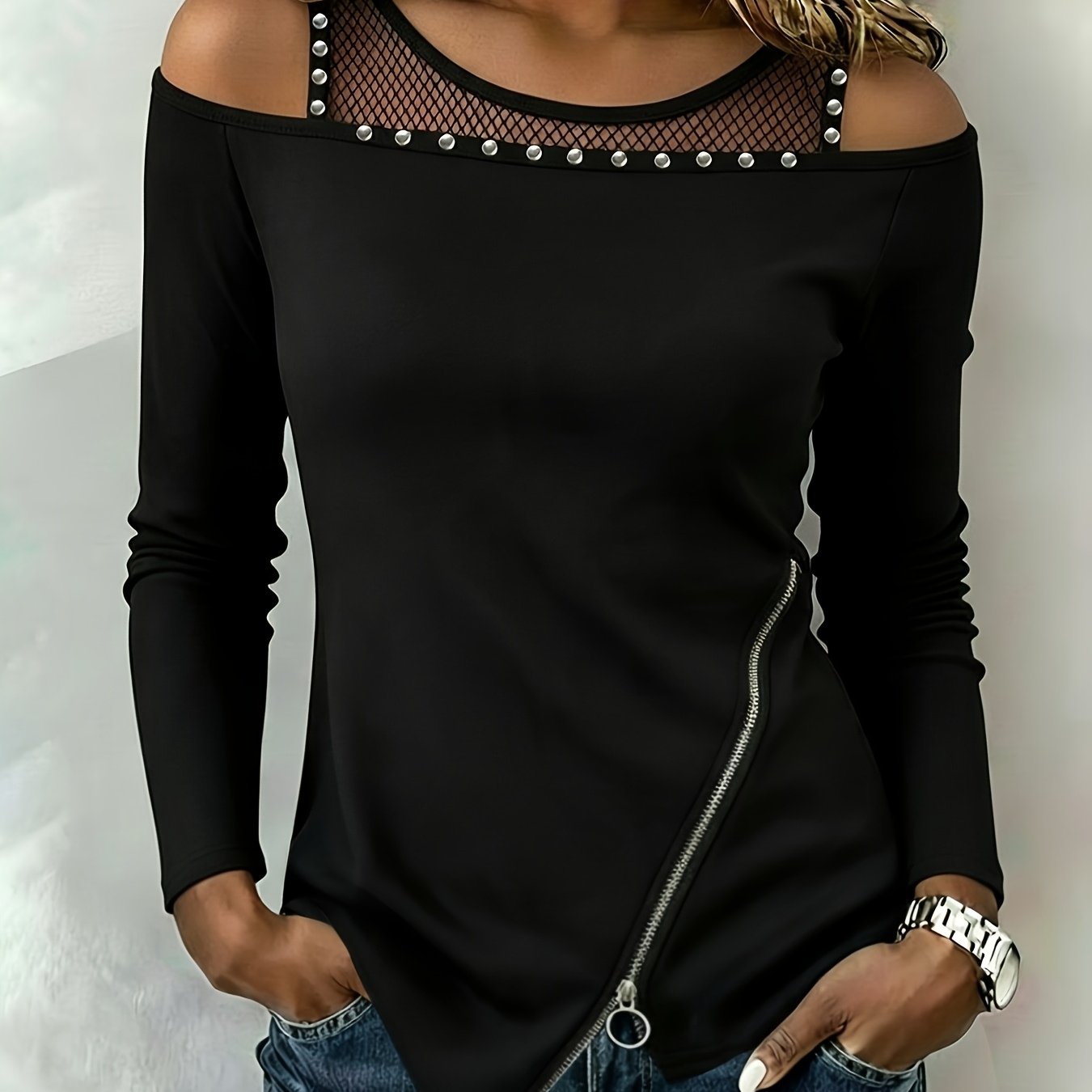 TEMU 2026 New Style Hollow Mesh Rhinestone Diagonal Zipper T-shirt, Spring/autumn Trendy Women's Long Sleeve Top