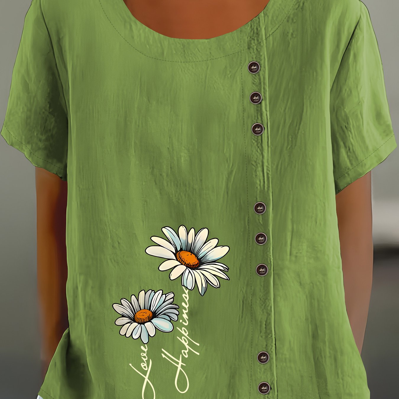 TEMU Western Loose Creative Bohemian Style Pattern Button Round Neck Women's Short Sleeve Shirt, Round Neck Short Sleeve Top For Spring Summer Fall,
