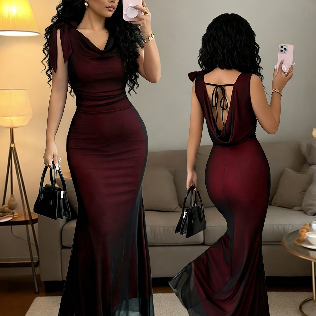 TEMU Women's Summer Elegant Mesh Drop-neck Backless Asymmetrical Bow Waist-cinching Long Dress, Suitable For Outdoor Dates, Parties, Sister