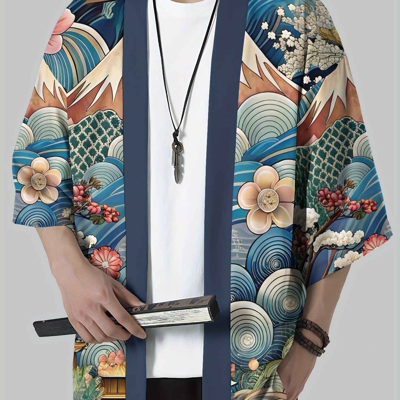 TEMU Men's Lightweight Casual Cardigan - Vibrant Kimono-inspired Beach Cover-up, Loose Fit Summer Open Front Design, Machine Washable For Poolside &