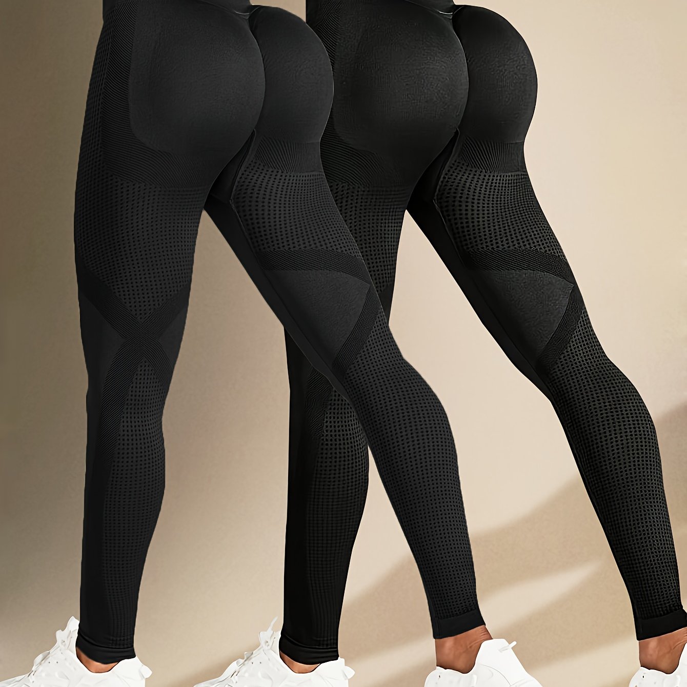 E-shop 2er-Pack einfarbige, hochelastische Fitness-Yoga-Leggings - Bauchkontrolle, Gestrickt, Elastischer Bund, Lange Länge, - und Elastan-Material -