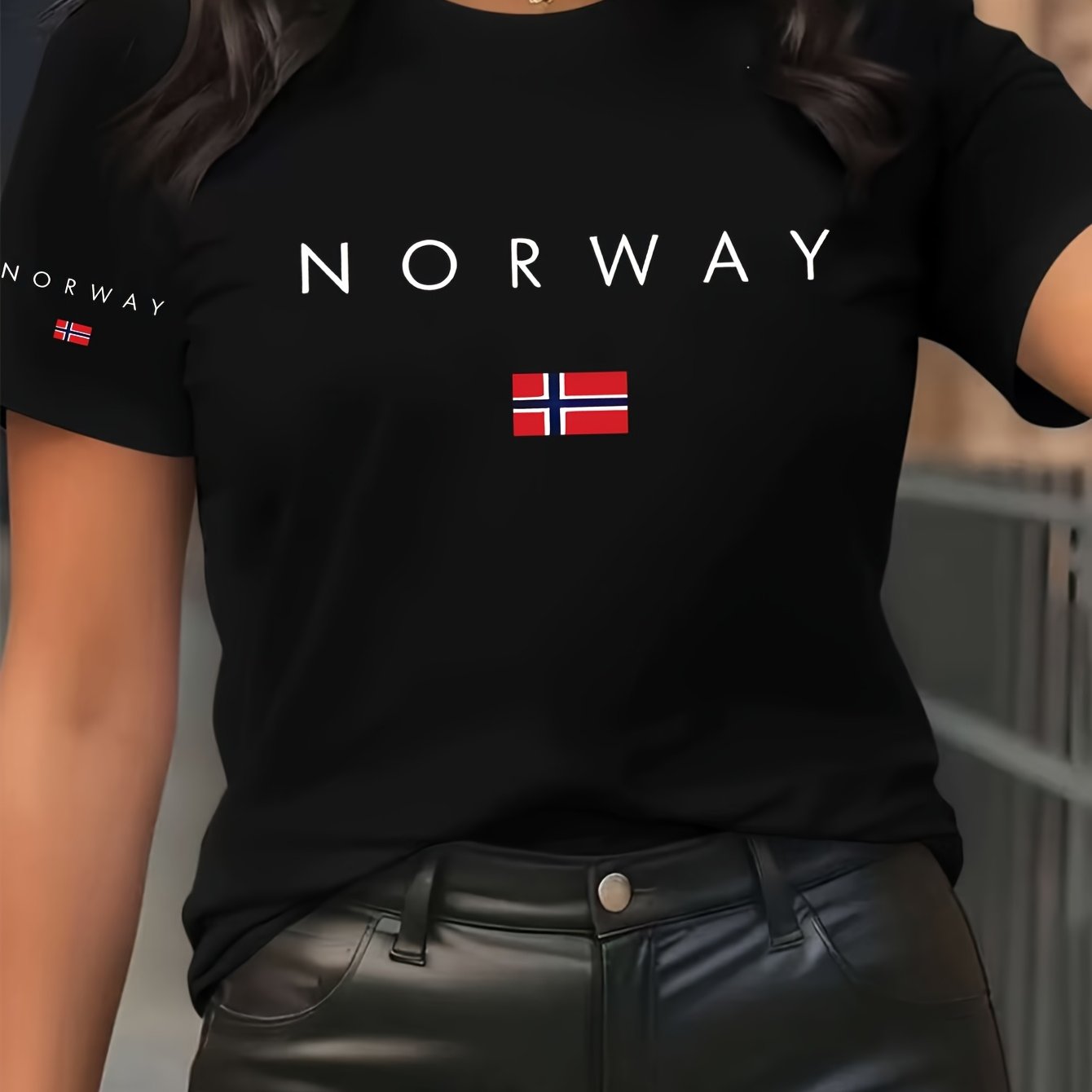 TEMU Art Norway Letter Double Print Pattern - Elegant And Fashionable - Women's Round Neck Pullover T-shirt Casual Sports Short Sleeve S-xxl Sizes