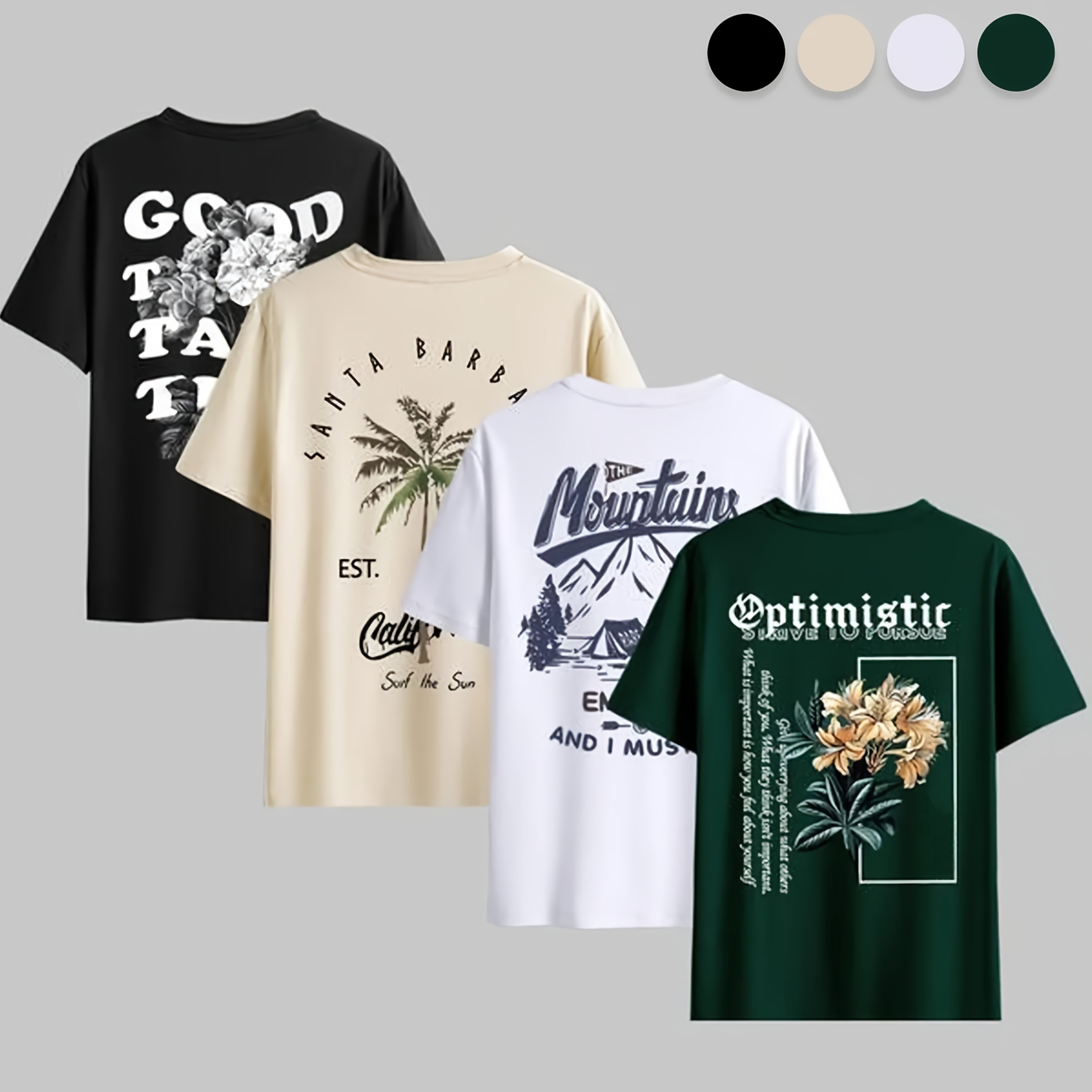TEMU Men's Crew Neck Pullover Printed T-shirt 4pcs Set