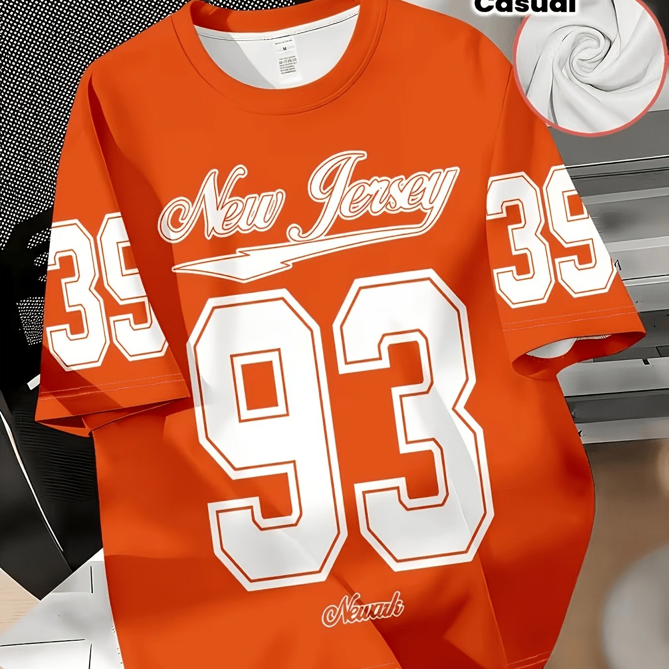 TEMU Men's New Jersey Themed T-shirt With Number 93 Print - Orange Jersey, Loose Fit Casual Round Neck Short Sleeve Shirt Suitable For Fans, Machine