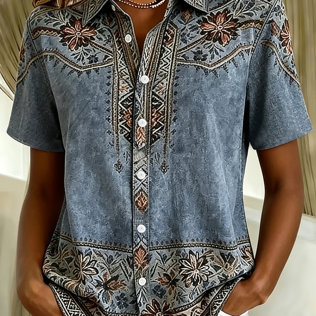 TEMU Women's Vintage Button-up Short Sleeve Shirt - Faux Embroidery Blue Gradient Lapel Collar, Open Front Top, Machine Washable Suitable For Casual,