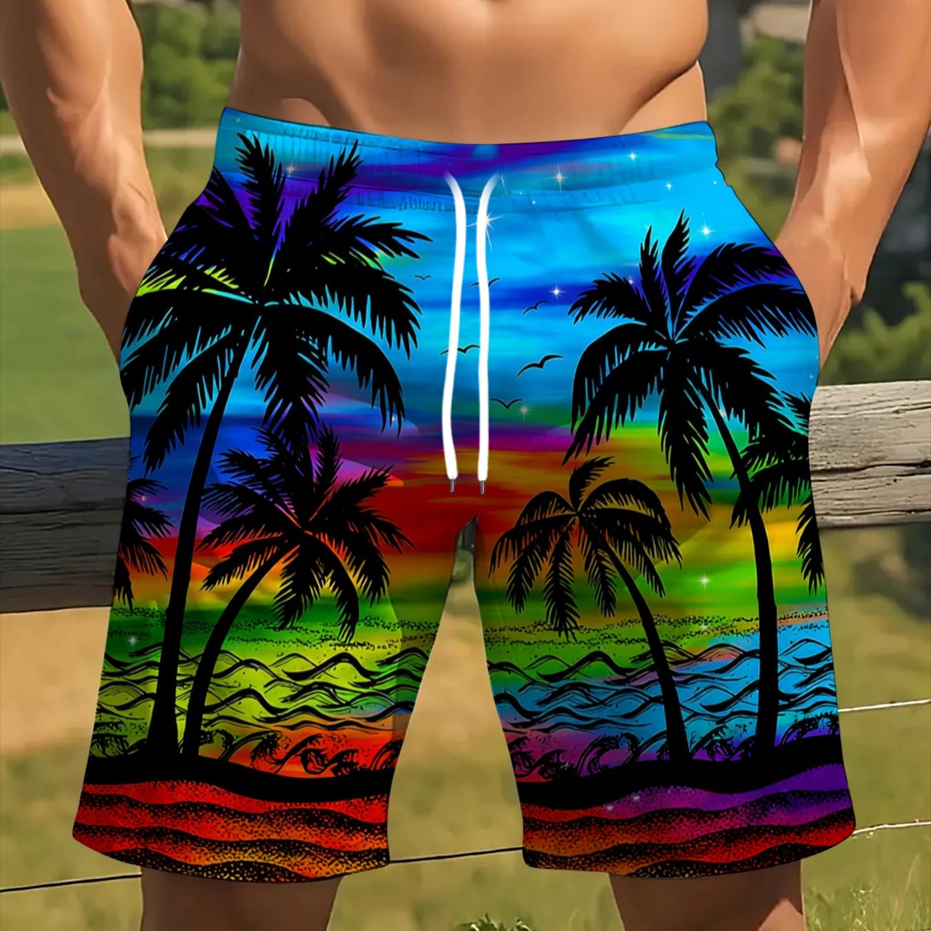 TEMU Men's Athletic Casual Shorts, Neon Scenery Full Print Drawstring Beach Shorts, Summer Individual Versatile Style, Skin-friendly Breathable