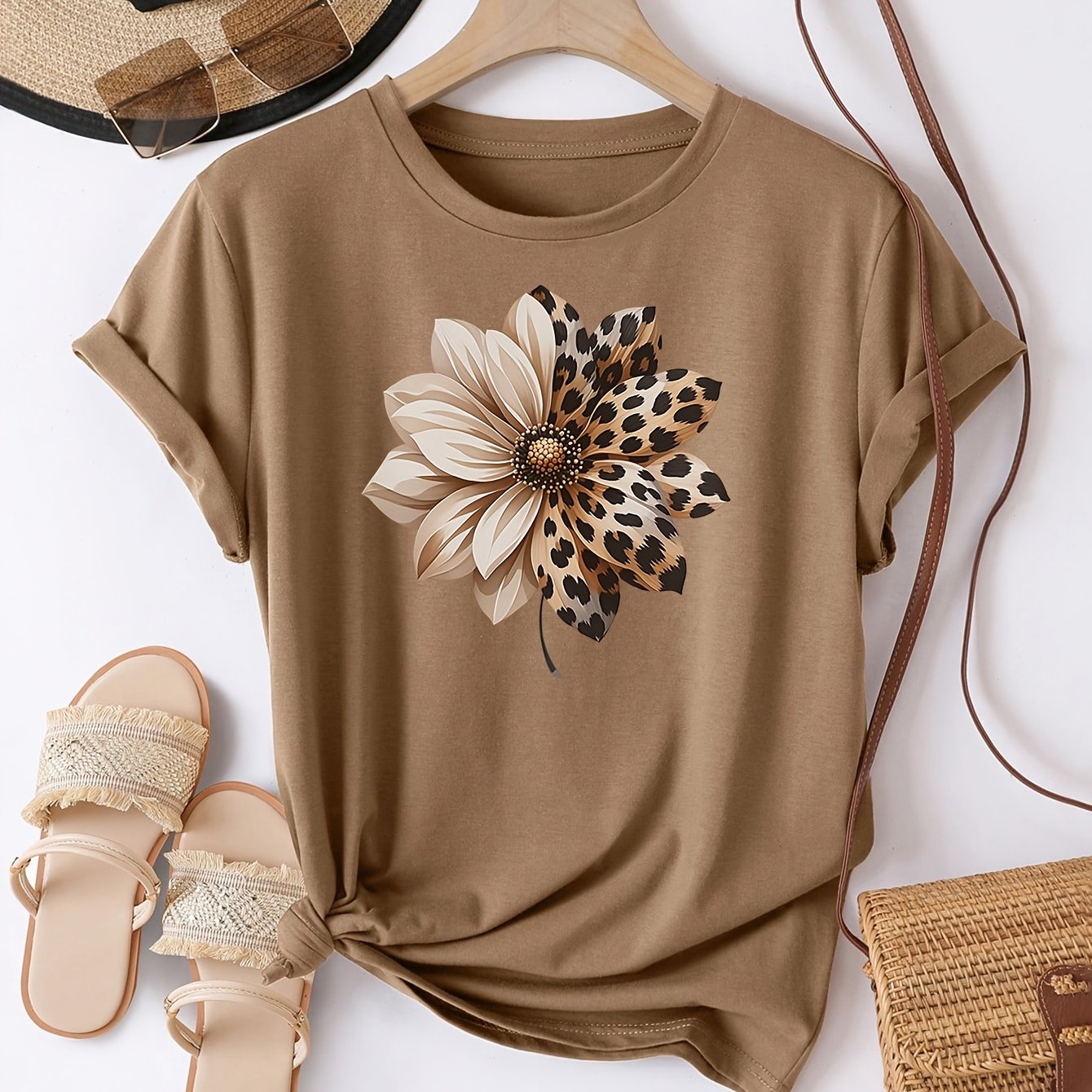 Image of Women's Retro Floral & Leopard Print Crew Neck T-shirt - Breathable Short Sleeve Casual Top For Spring/summer, Loose Fit H-silhouette, , Versatile For Casual Attire, Relaxed Fit Shirt, Durable Fabric