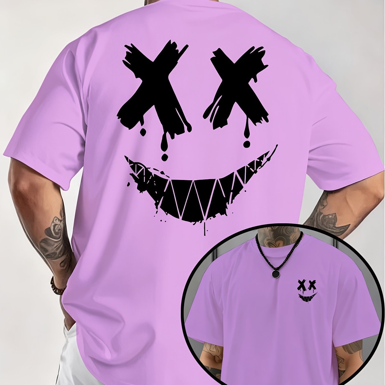 TEMU [jiang Yu Jiu Recommendation] Men's Evil Smile Print T-shirt - Summer Street Style Short Sleeve, Fun , Casual Round Neck Short Sleeve Top [print