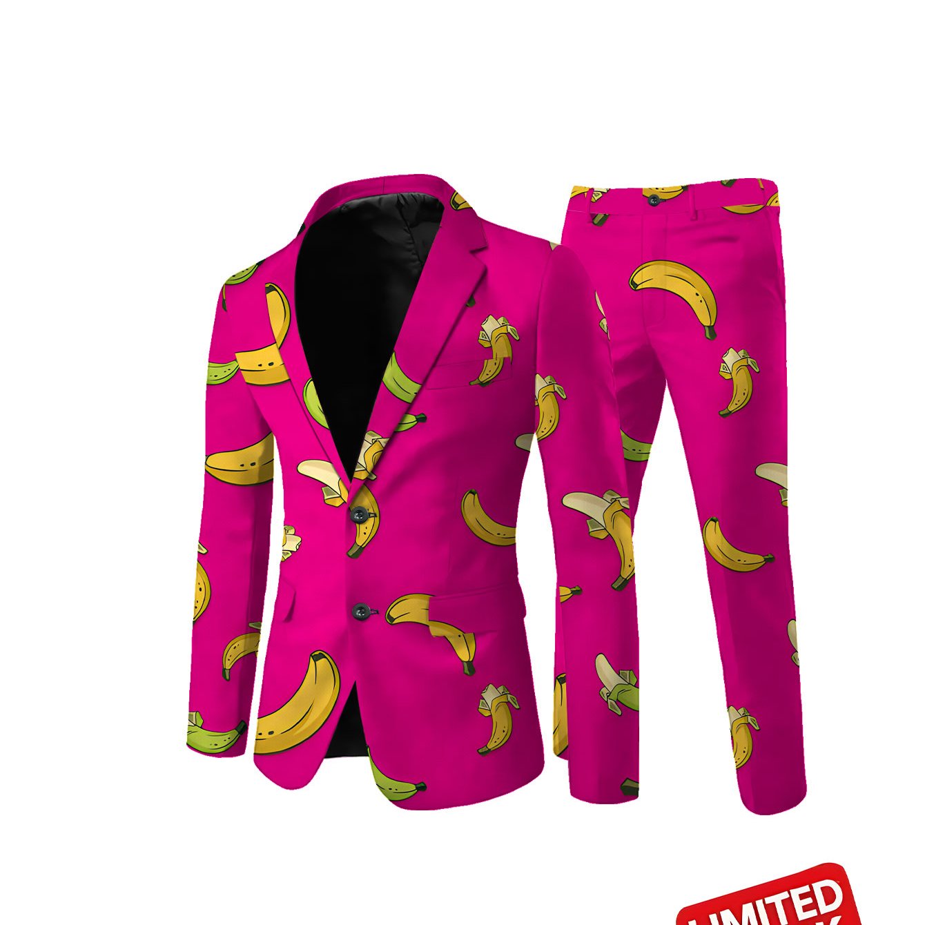 TEMU Men's Suit And Trousers Set, Men's Suit, Classic Banquet Wedding Party Set With Pink Background And Banana Pattern, Printed Business Suit Jacket