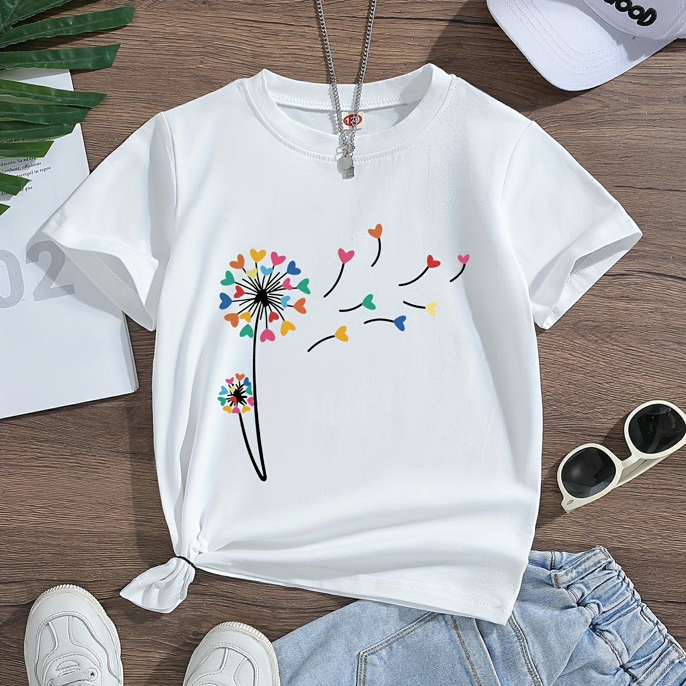 Image of Lovely Colorful Love Dandelion Print, Girls Round Neck Casual Knitted Short Sleeve T-shirt, Comfortable, Soft And