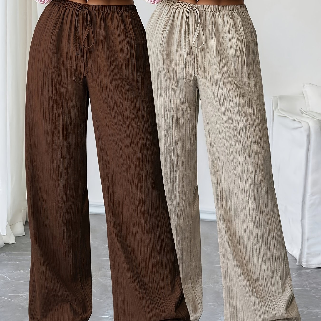 TEMU 2pcs Fashion Solid Color Women's Long Pants, Drawstring Straight-leg Trousers, Wide-leg Casual Pants For Women