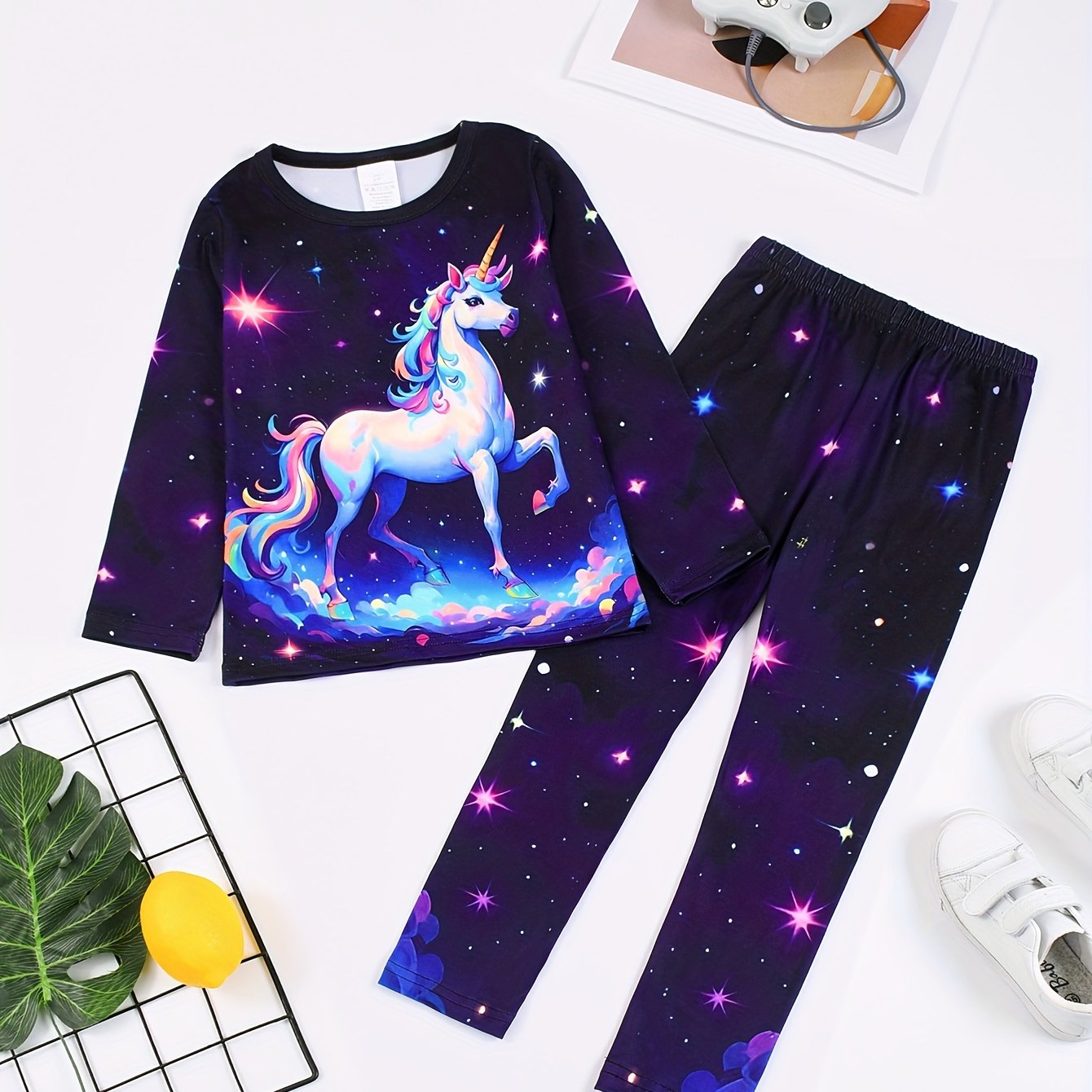 Image of [1 Set] Girls' Set 2pcs Cute Starry Unicorn Girls' Long Sleeve T-shirt And Long Pants Set Fashion -friendly Soft Comfortable Girls' Fun Pattern Long Sleeve T-shirt And Long Pants Set As A For Gifts