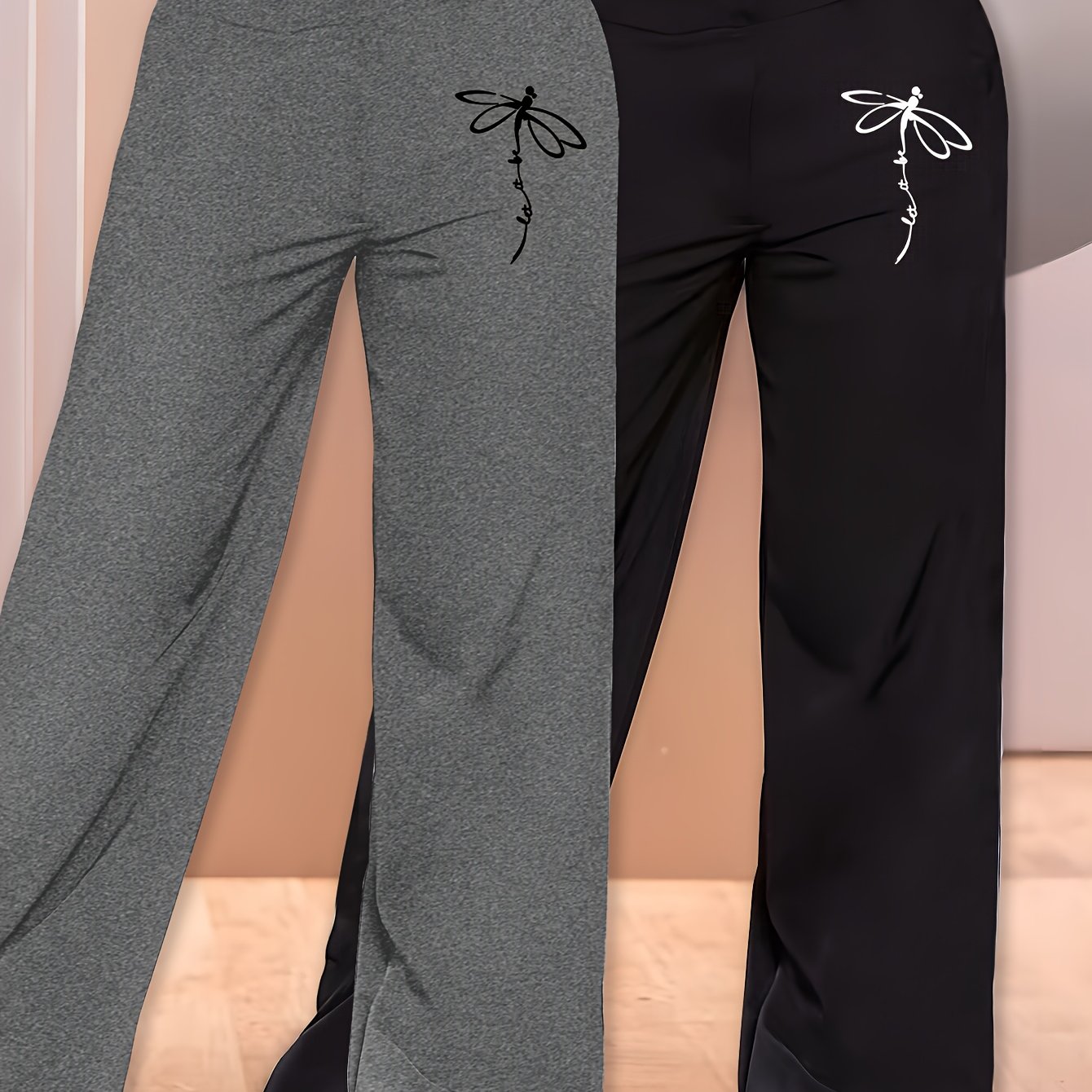 TEMU Pantalon Femme à Jambes Larges 2 pièces avec Imprimé Lettres (NC-8326) - Pantalon Décontracté Chaud pour l'Hiver, Idéal pour Automne/Hiver,