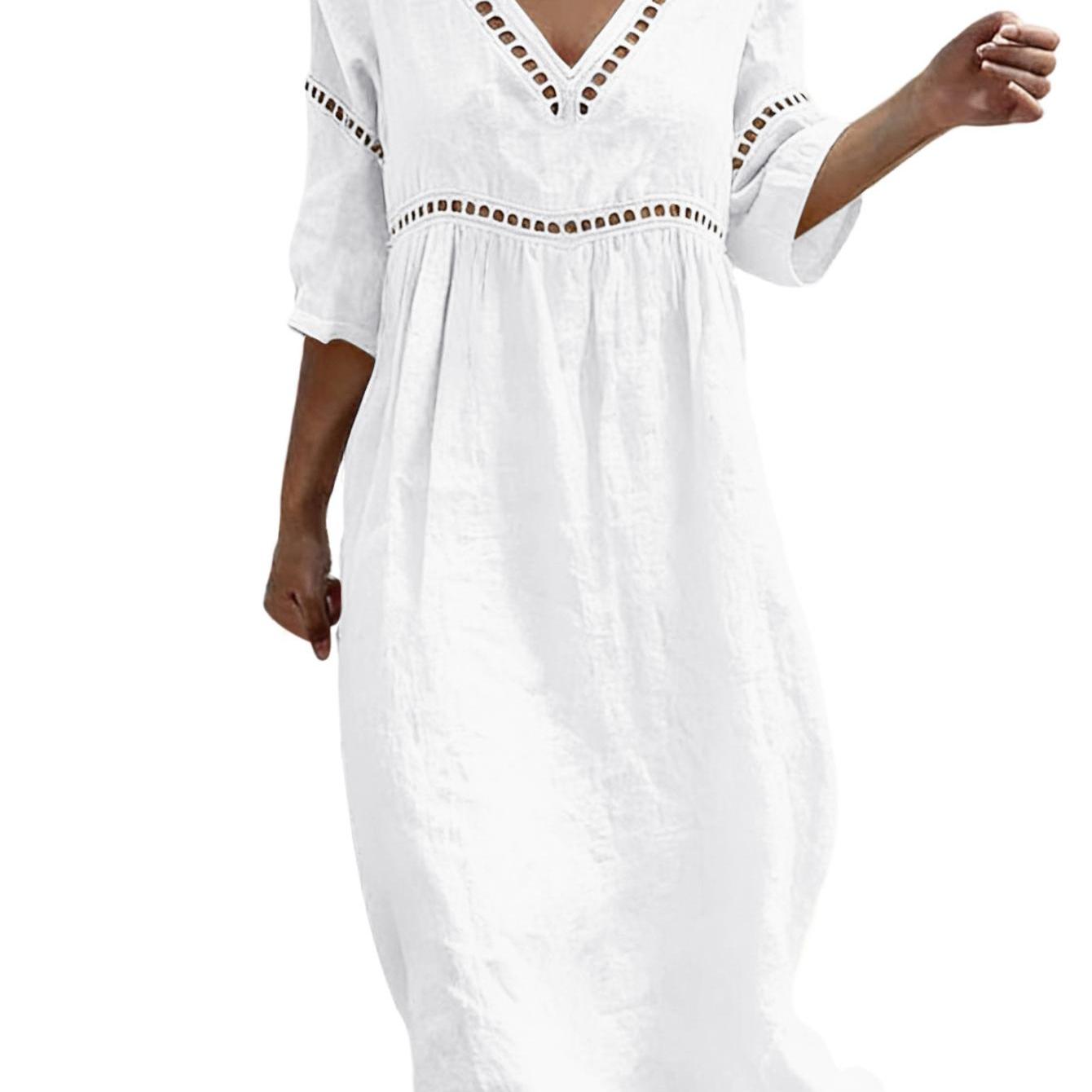 Image of Women's Casual Linen 3/4 Sleeve Flowy Eyelet Trim Maxi Dress, Solid Cutout Soft V Neck Empire Waist Loose Long Dress Lightweight Comfortable Fabric, Designed For A Relaxed Fit Suitable For Everyday Us