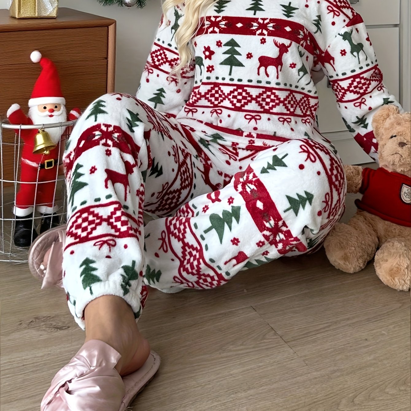 TEMU Pigiama da donna con motivo natalizio, vestaglia a maniche lunghe per la casa, abbigliamento /inverno, delizioso loungewear